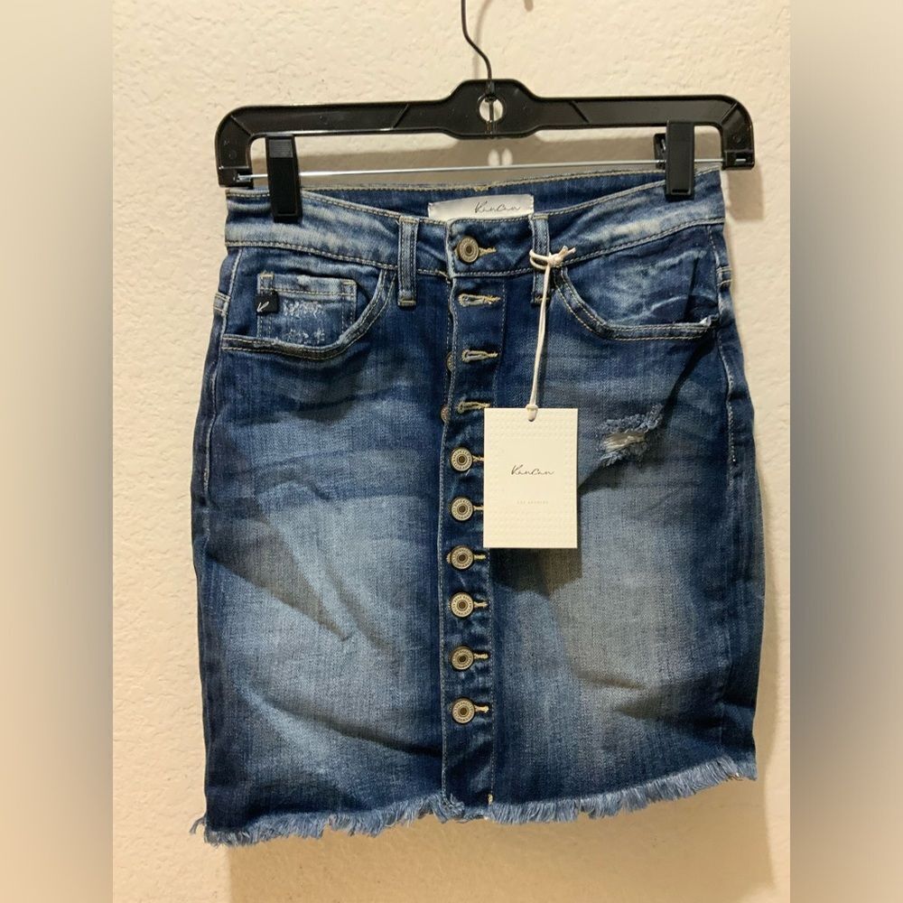 Kancan Denim jean skirt XS fringe hem